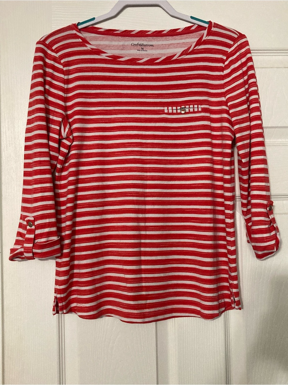 croft & barrow Red and White Striped Boatneck Roll-Tab Sleeve Top